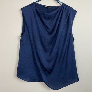 Zara Womens Sleeveless Flowy Neckline Navy Blue Tank Top Blouse Size Large
